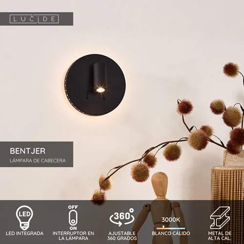 Lucide BENTJER - Lámpara de cabecera / Lámpara de pared - Ø 14 cm - LED - 3000K - Negro - USP